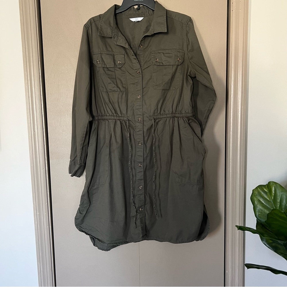 XL Time and Tru Olive Green Button-Up Utility Dress with Tie Front and Pockets